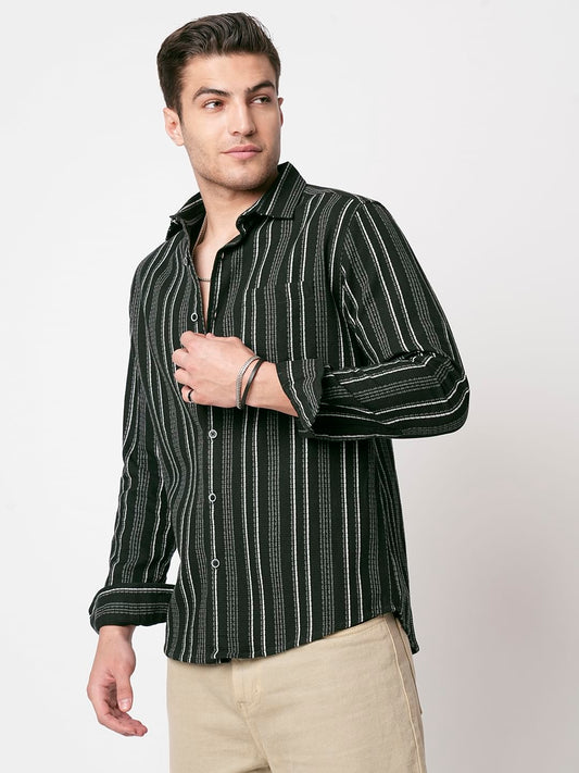 Premium Cotton Olive Pencil Striped Waffle Shirt