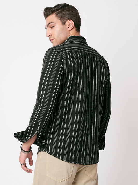 Premium Cotton Olive Pencil Striped Waffle Shirt