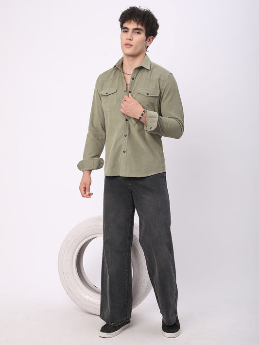 Timeless Olive Double Flap Pocket Corduroy Overshirt