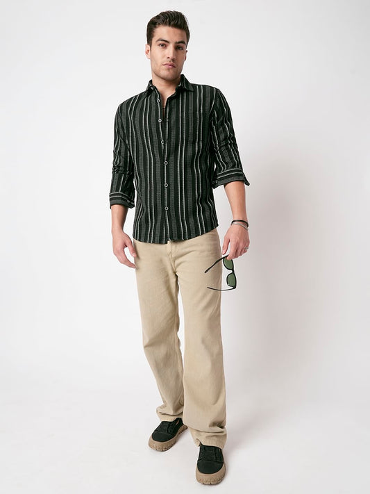 Premium Cotton Olive Pencil Striped Waffle Shirt