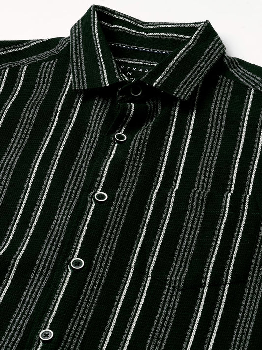 Premium Cotton Olive Pencil Striped Waffle Shirt