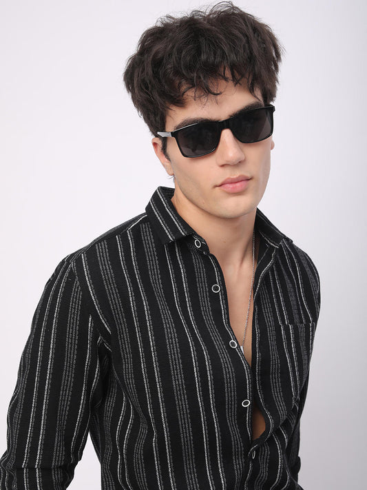 Premium Cotton Black Pencil Striped Waffle Shirt