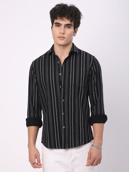 Premium Cotton Black Pencil Striped Waffle Shirt