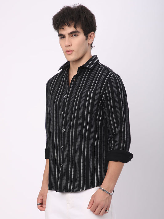 Premium Cotton Black Pencil Striped Waffle Shirt