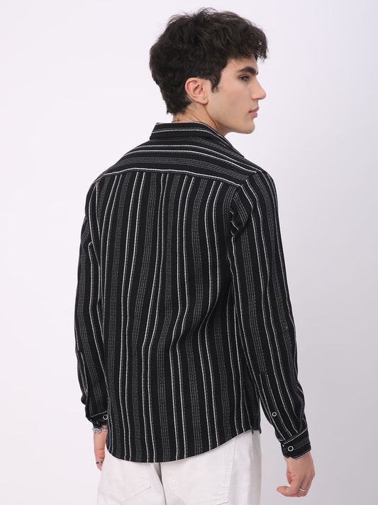 Premium Cotton Black Pencil Striped Waffle Shirt