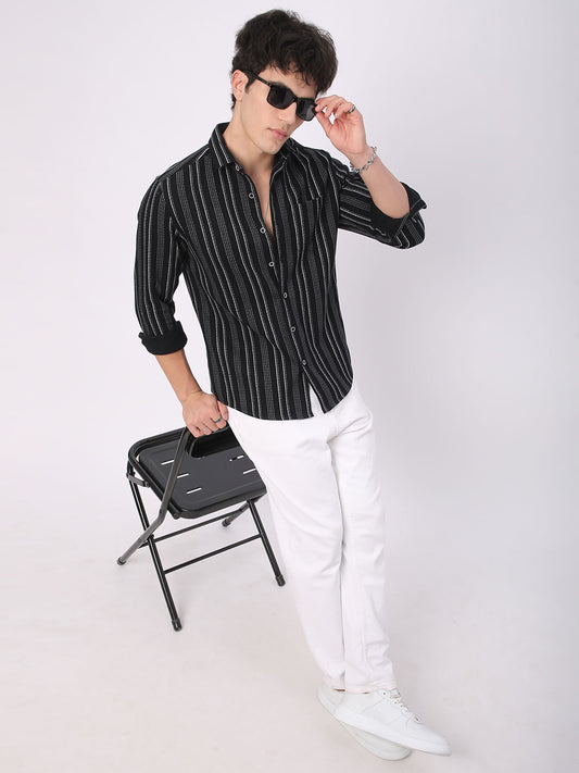 Premium Cotton Black Pencil Striped Waffle Shirt
