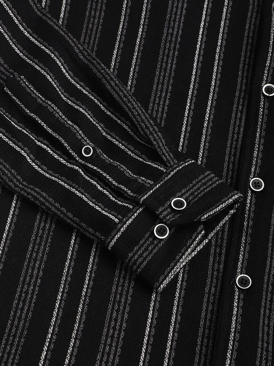 Premium Cotton Black Pencil Striped Waffle Shirt