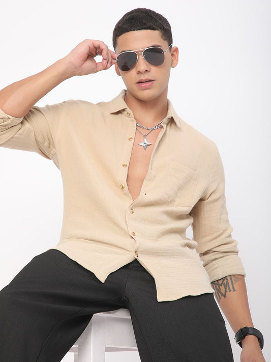 Vintage Almond Beige Double Cloth Crinkled Shirt