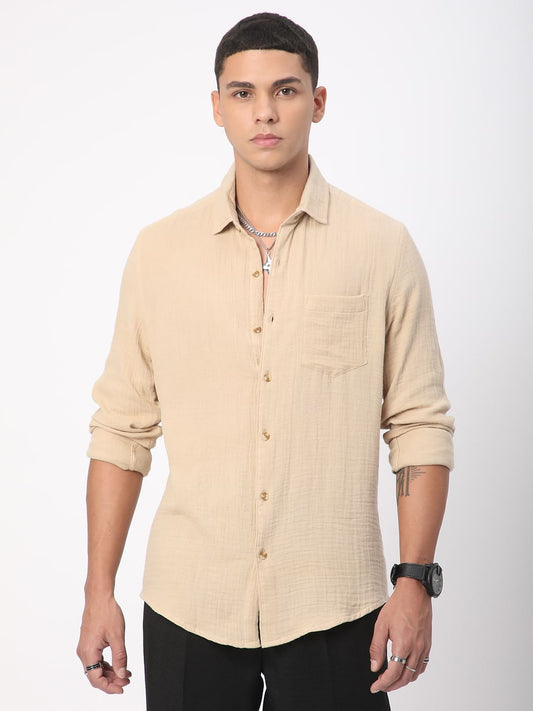 Vintage Almond Beige Double Cloth Crinkled Shirt