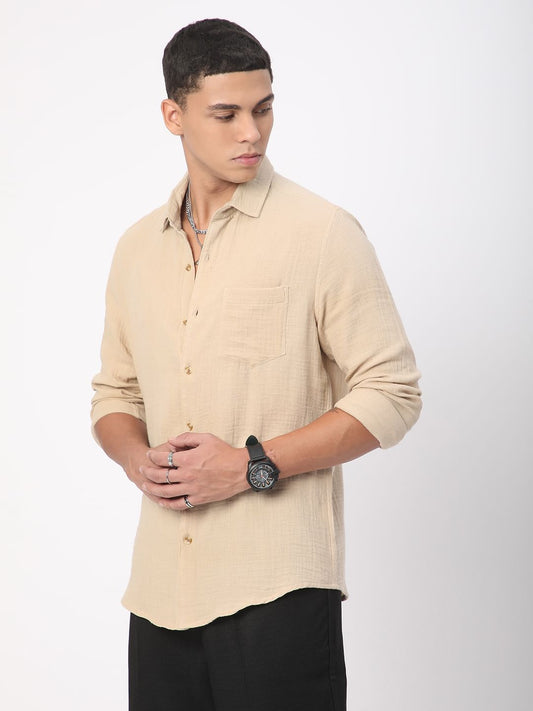 Vintage Almond Beige Double Cloth Crinkled Shirt