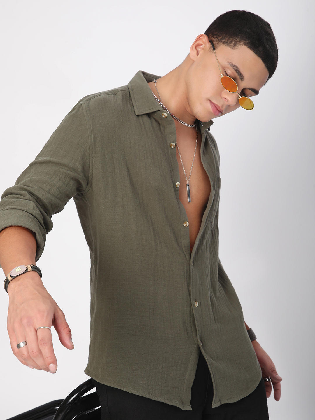 Vintage Olive Double Cloth Crinkled Shirt