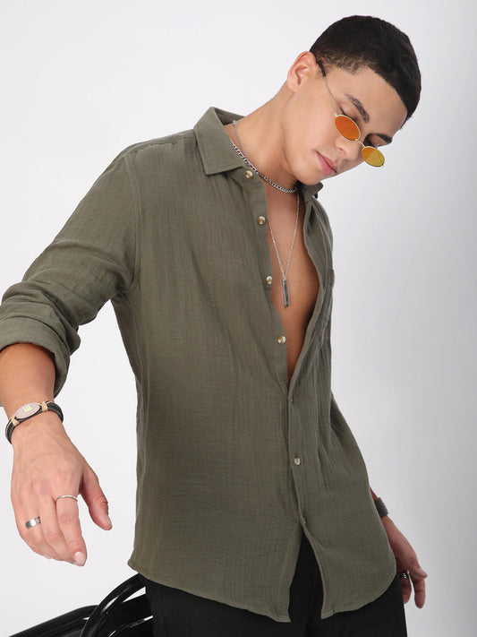 Vintage Olive Double Cloth Crinkled Shirt