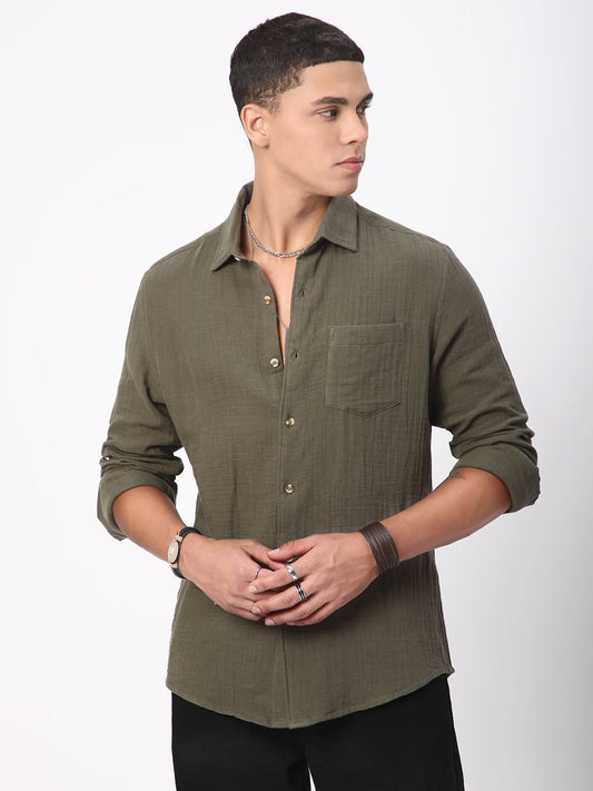 Vintage Olive Double Cloth Crinkled Shirt