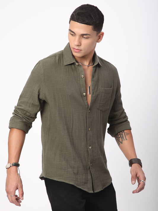 Vintage Olive Double Cloth Crinkled Shirt