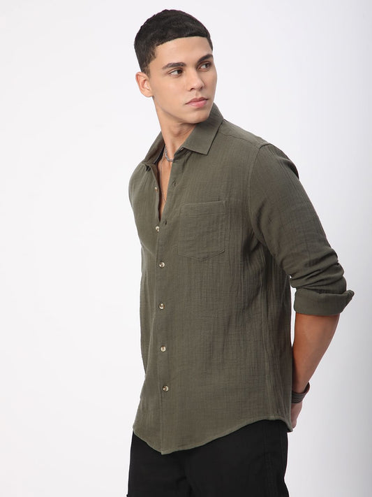 Vintage Olive Double Cloth Crinkled Shirt