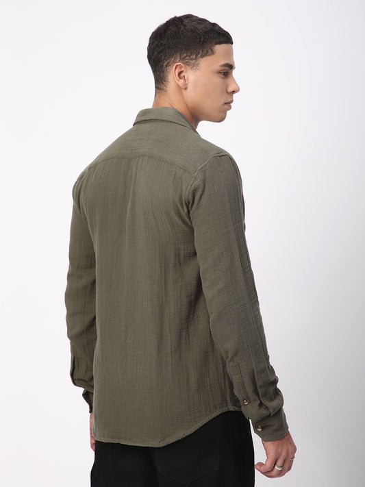Vintage Olive Double Cloth Crinkled Shirt