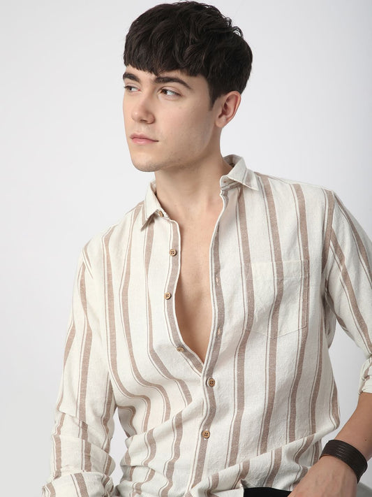 Sleek Warm Tan Dobby Striped Shirt