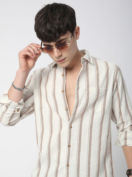 Sleek Warm Tan Dobby Striped Shirt