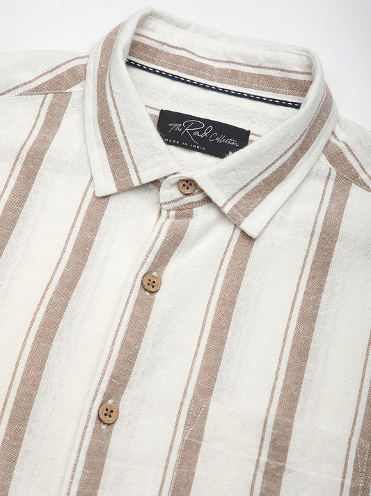 Sleek Warm Tan Dobby Striped Shirt