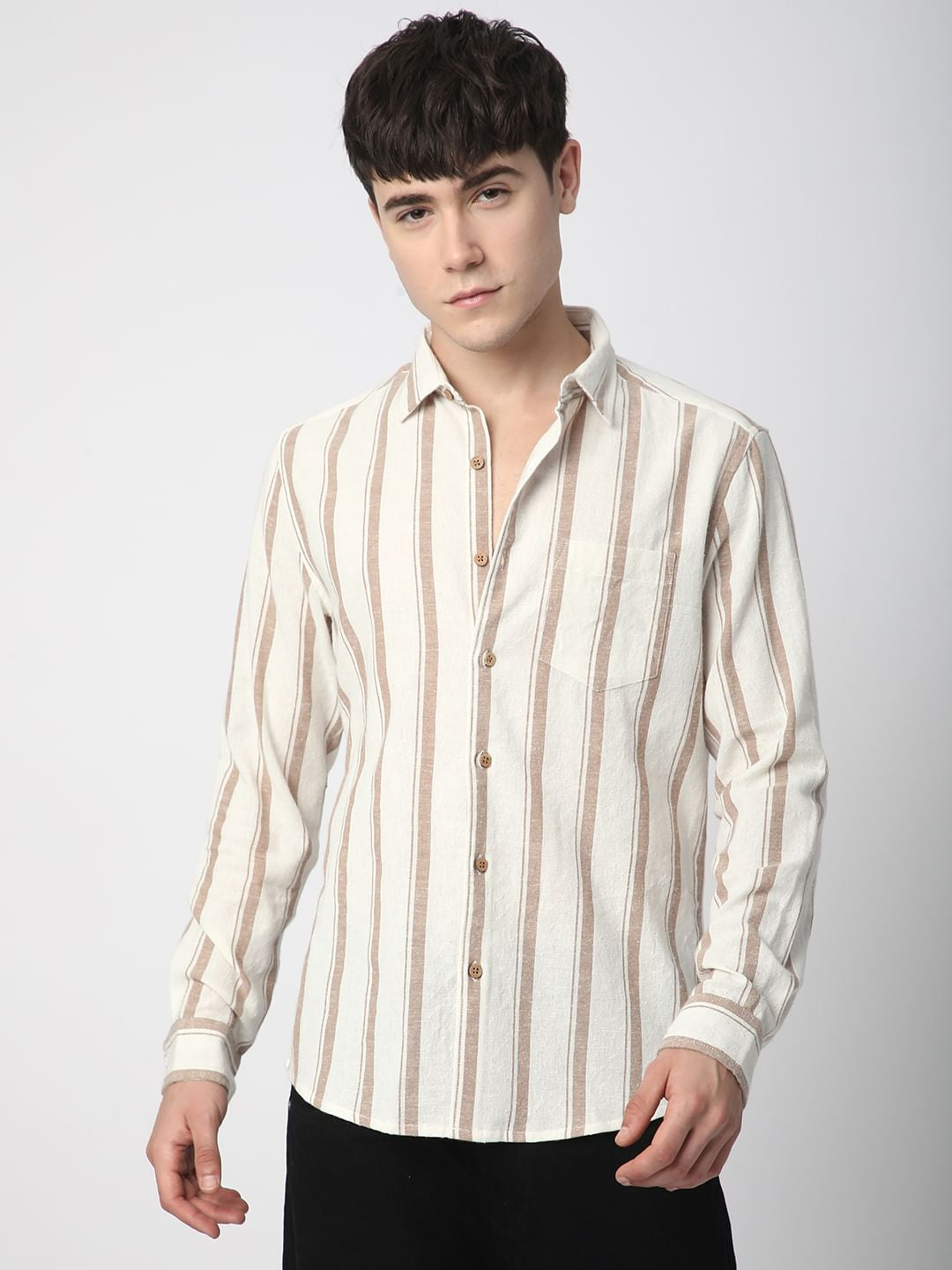 Sleek Warm Tan Dobby Striped Shirt