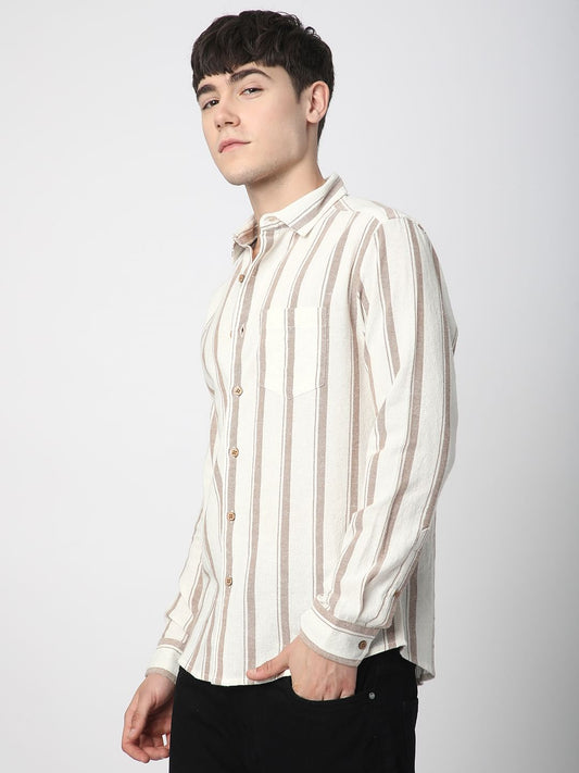 Sleek Warm Tan Dobby Striped Shirt
