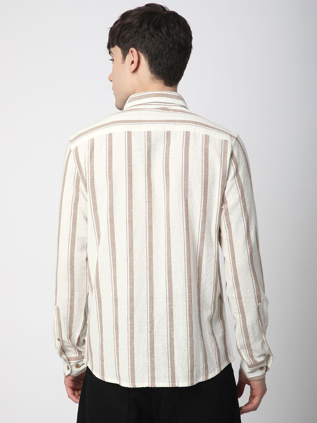 Sleek Warm Tan Dobby Striped Shirt