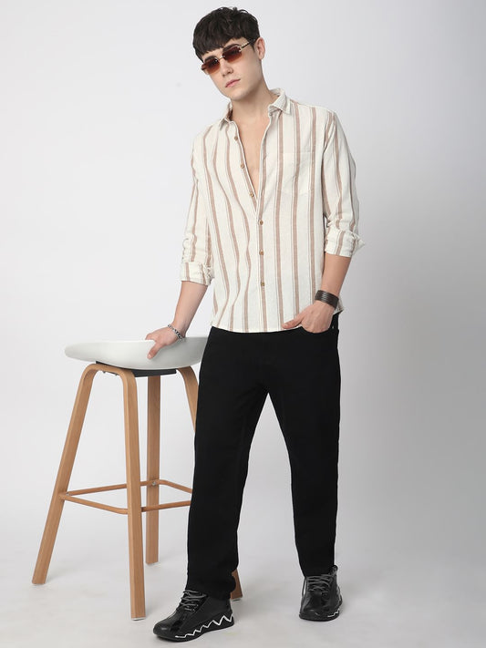 Sleek Warm Tan Dobby Striped Shirt