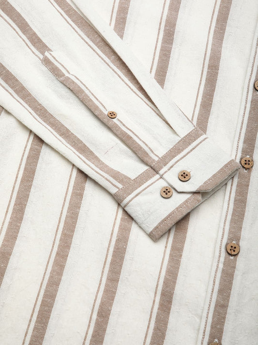 Sleek Warm Tan Dobby Striped Shirt