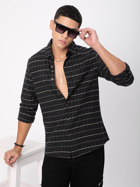 Black Horizontal Striped Seersucker Shirt