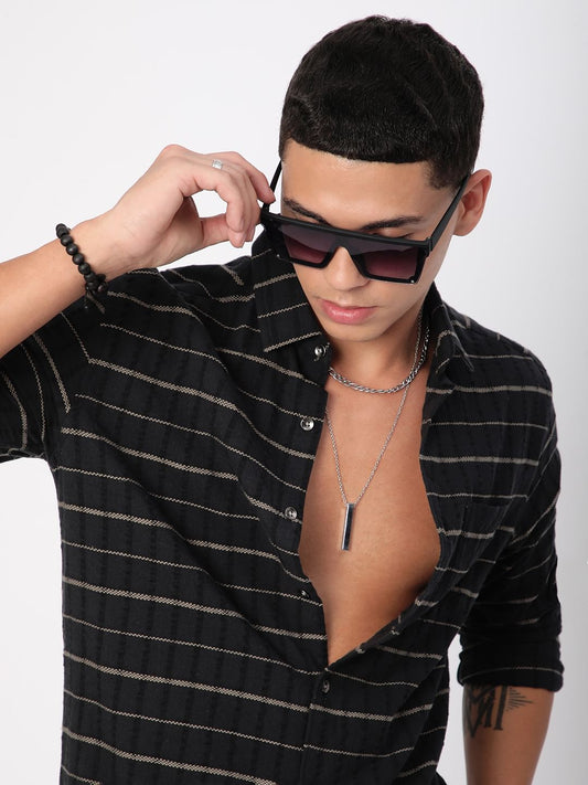 Black Horizontal Striped Seersucker Shirt