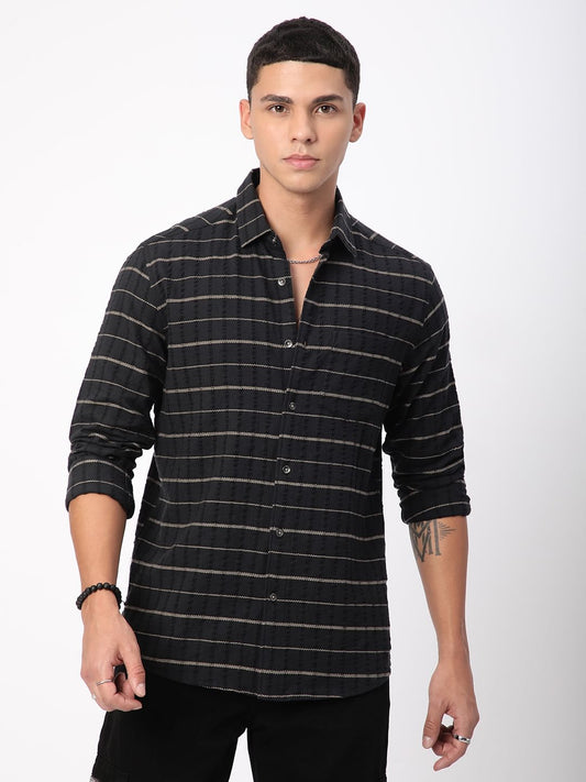 Black Horizontal Striped Seersucker Shirt