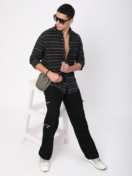 Black Horizontal Striped Seersucker Shirt