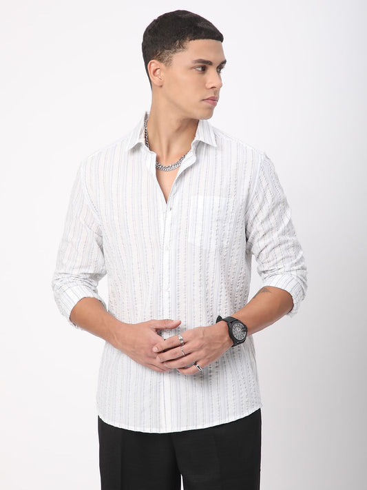 Voguish White Vertical Line Stripe Seersucker Shirt