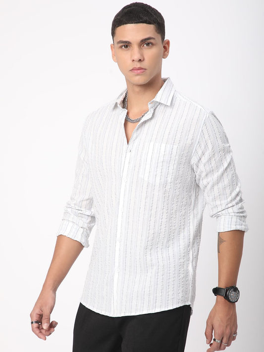 Voguish White Vertical Line Stripe Seersucker Shirt