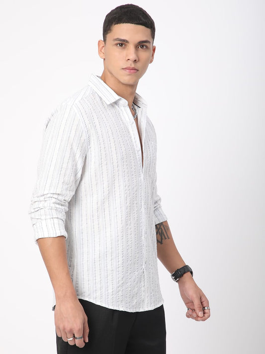 Voguish White Vertical Line Stripe Seersucker Shirt
