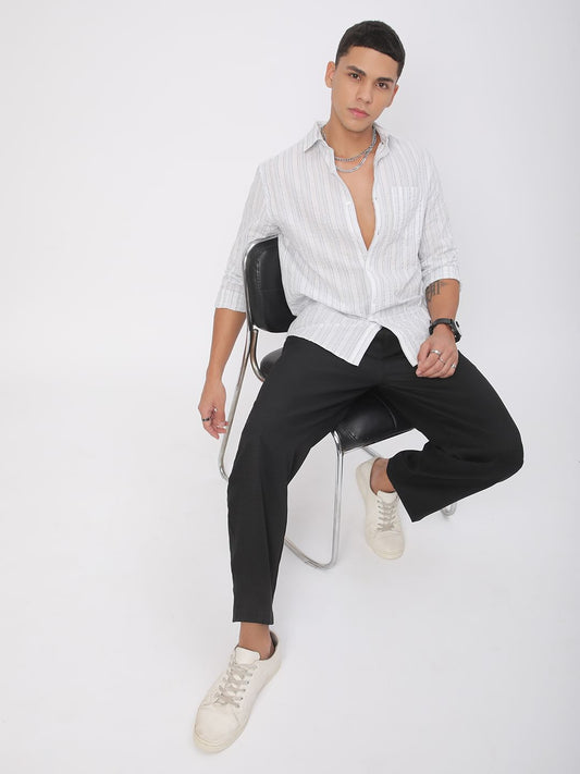 Voguish White Vertical Line Stripe Seersucker Shirt