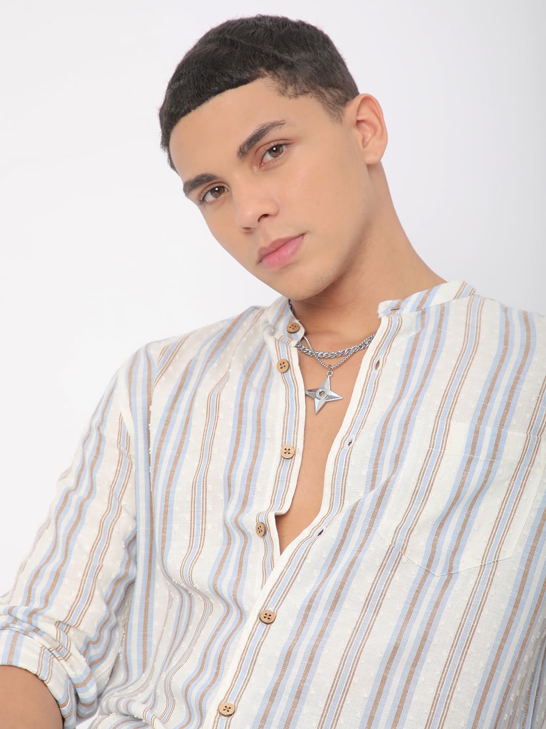 Dobby White Striped Mandarin Shirt