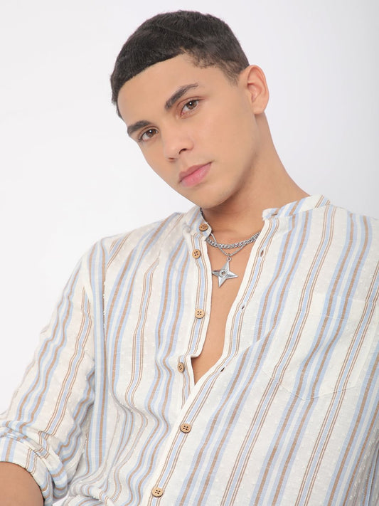 Dobby White Striped Mandarin Shirt
