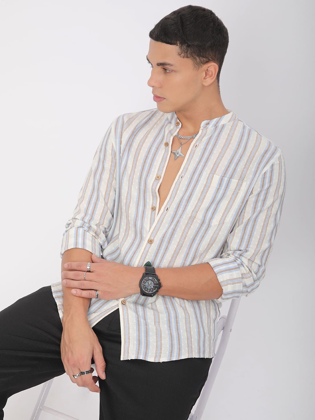 Dobby White Striped Mandarin Shirt