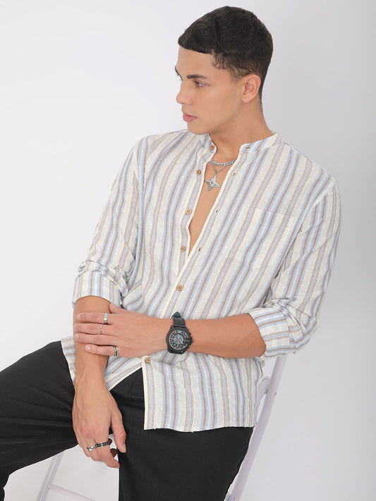 Dobby White Striped Mandarin Shirt