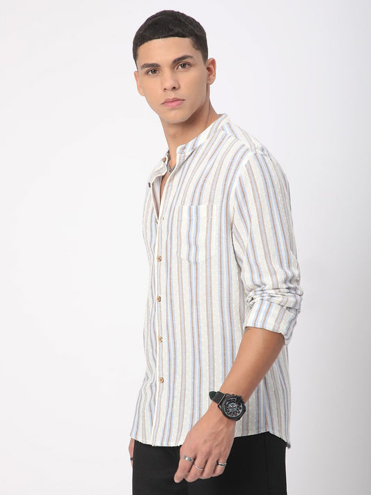 Dobby White Striped Mandarin Shirt