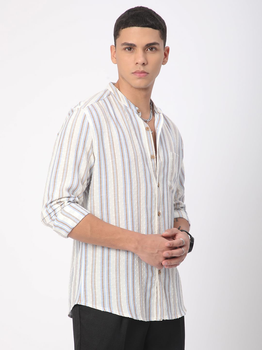 Dobby White Striped Mandarin Shirt