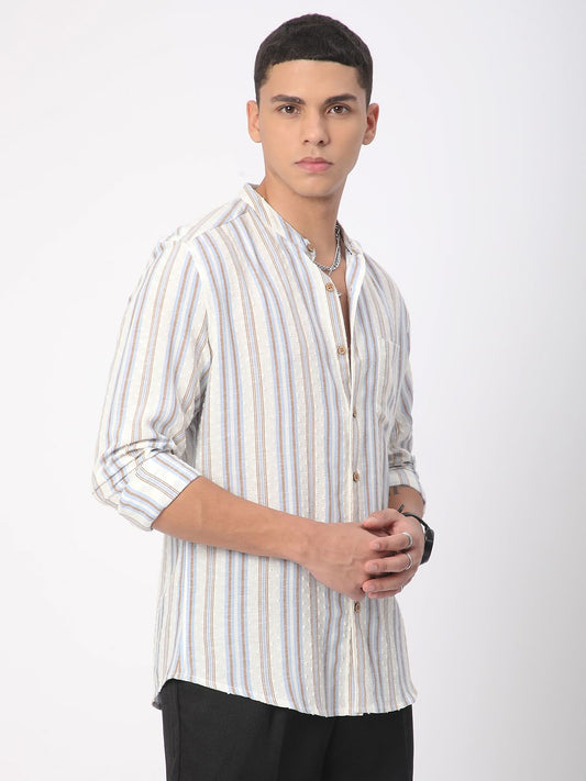 Dobby White Striped Mandarin Shirt