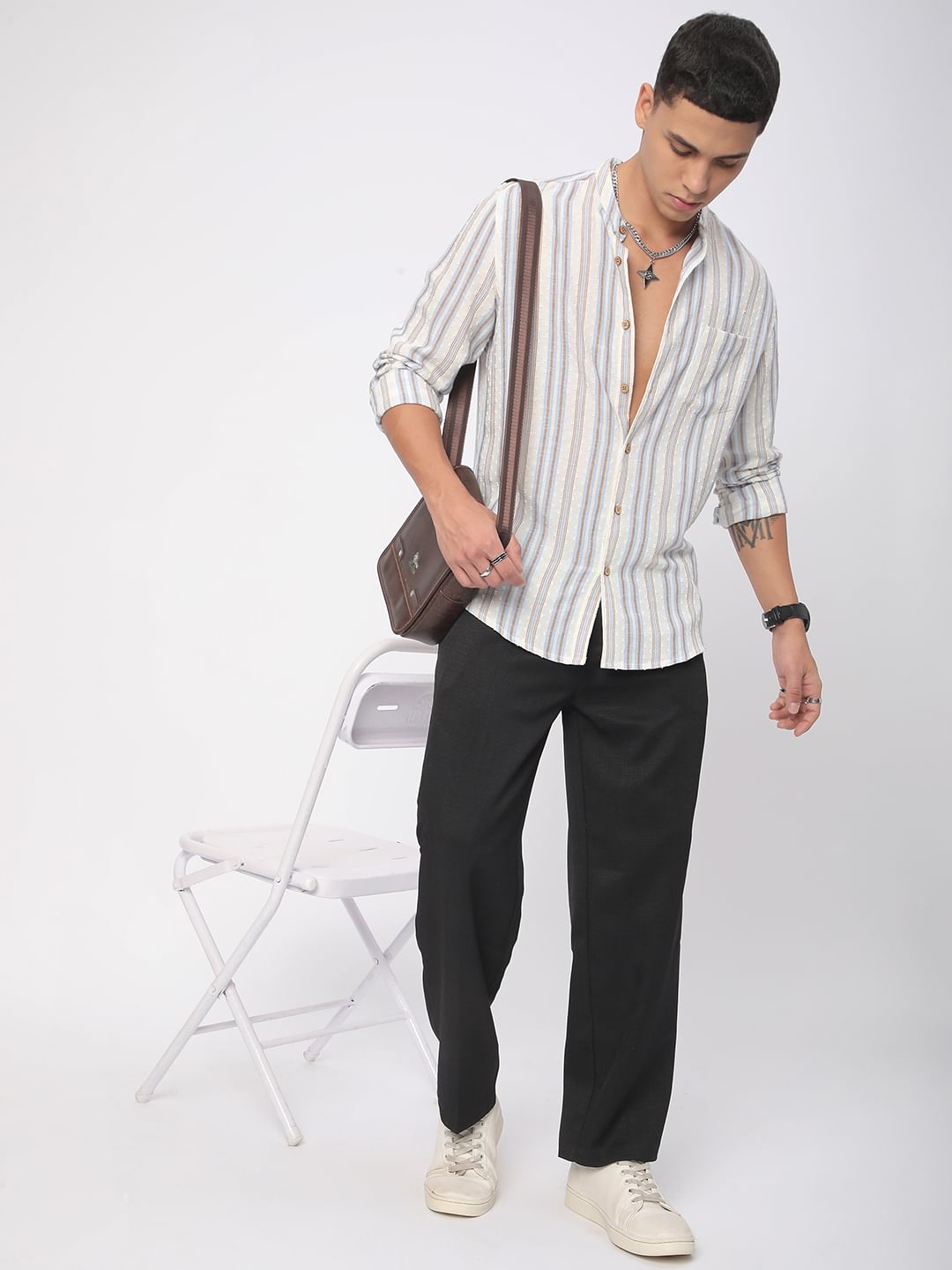 Dobby White Striped Mandarin Shirt