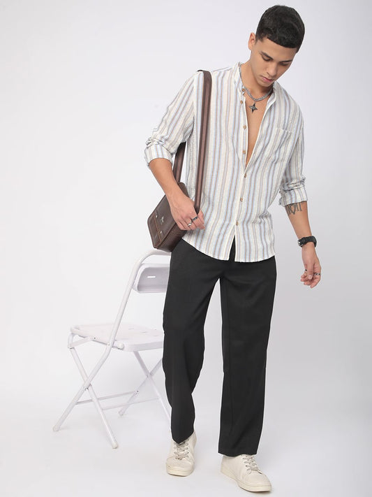 Dobby White Striped Mandarin Shirt