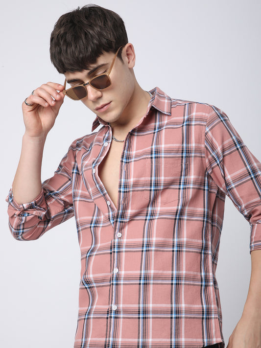 Premium Cotton Dark Peach Dupplin Checked Shirt