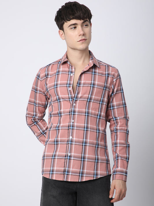 Premium Cotton Dark Peach Dupplin Checked Shirt