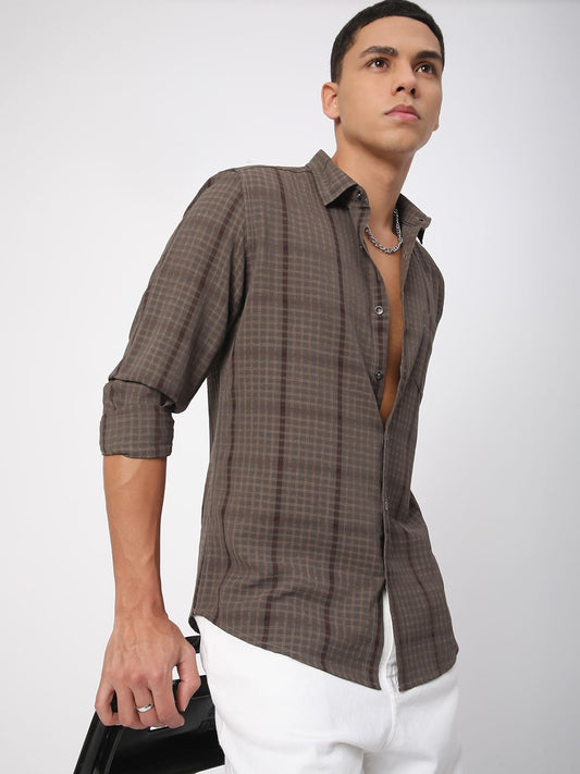 Chocolate Brown Dobby Checks Shirt