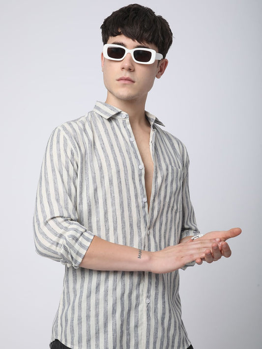 Faded Navy & Off-White Candy Striped Linen Shirt