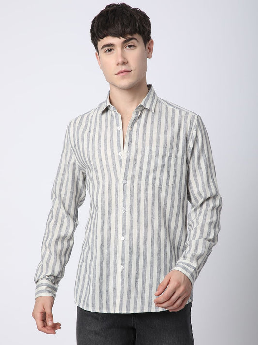 Faded Navy & Off-White Candy Striped Linen Shirt